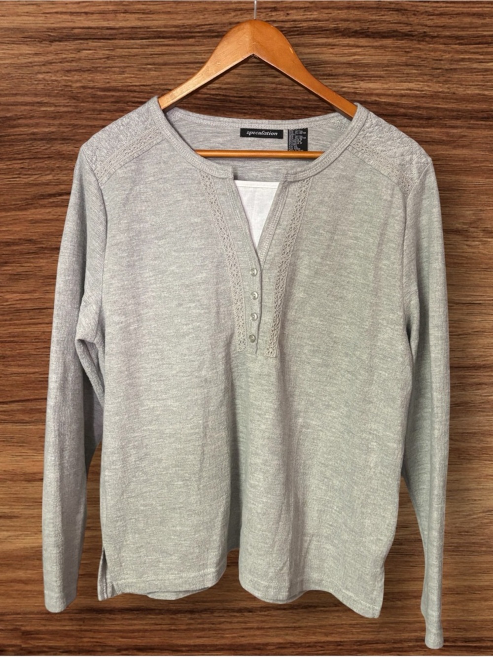 Speculation Women’s Long Sleeve Light Gray Textured Henley Top